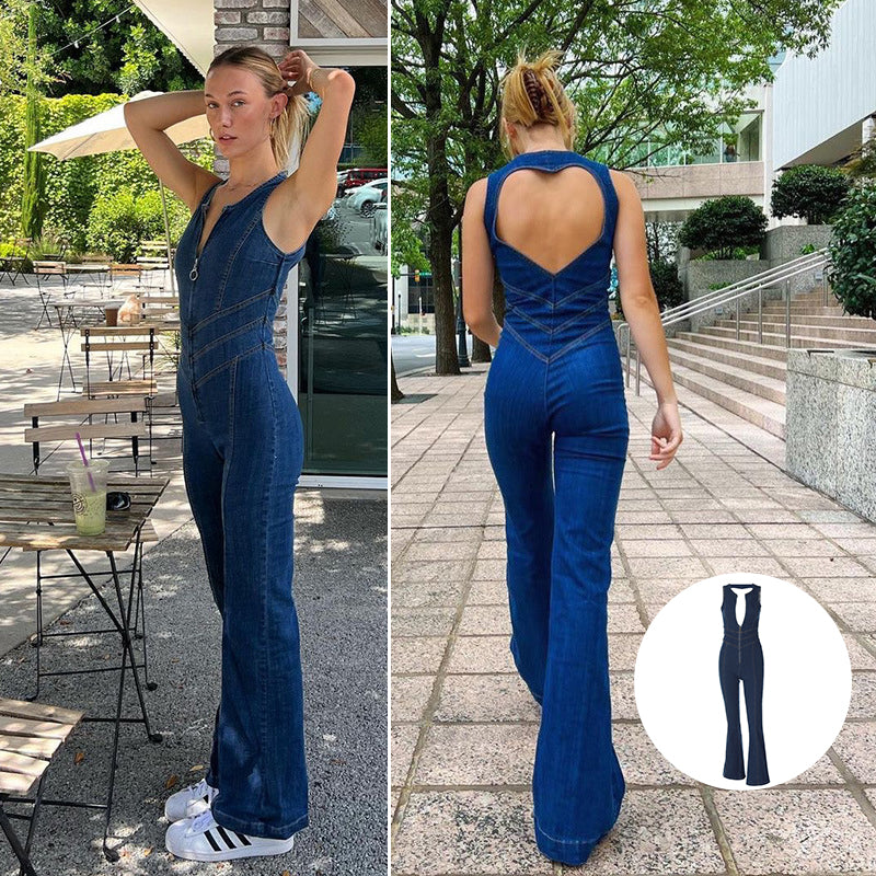 Backless Heart Cutout Denim Jumpsuit For Women