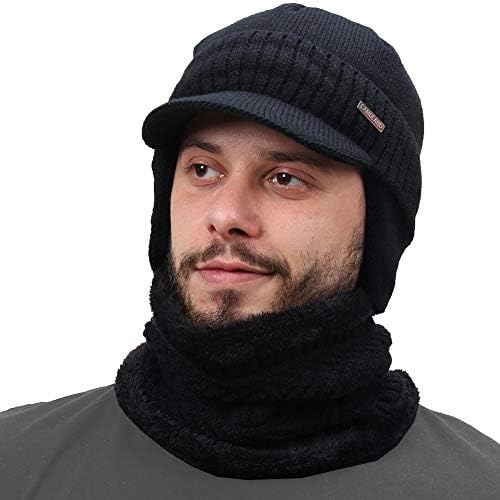 Winter Beanie w/Visor & Earflaps for Men Outdoor Fleece Hat Scarf Set