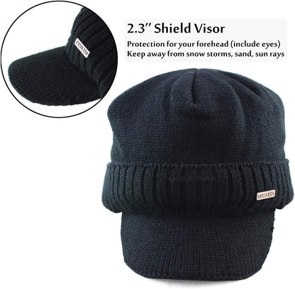 Winter Beanie w/Visor & Earflaps for Men Outdoor Fleece Hat Scarf Set