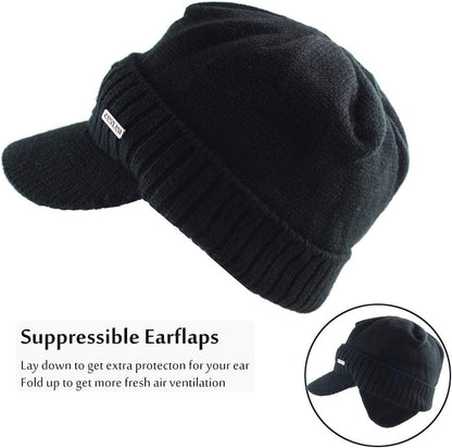 Winter Beanie w/Visor & Earflaps for Men Outdoor Fleece Hat Scarf Set