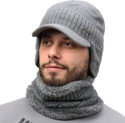 Winter Beanie w/Visor & Earflaps for Men Outdoor Fleece Hat Scarf Set