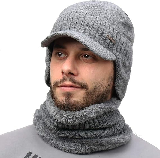 Winter Beanie w/Visor & Earflaps for Men Outdoor Fleece Hat Scarf Set