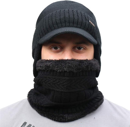 Winter Beanie w/Visor & Earflaps for Men Outdoor Fleece Hat Scarf Set