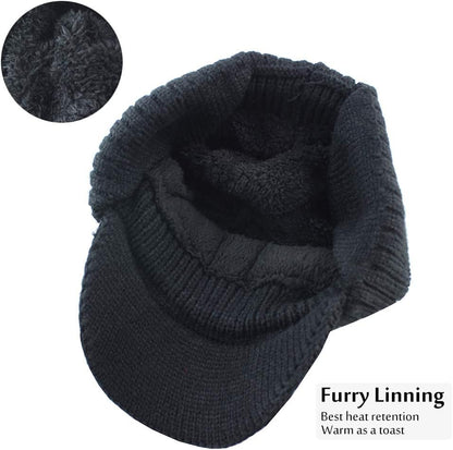 Winter Beanie w/Visor & Earflaps for Men Outdoor Fleece Hat Scarf Set