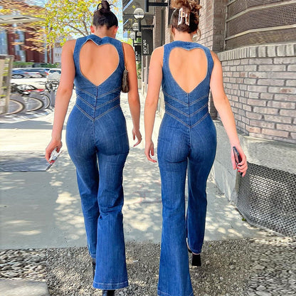 Backless Heart Cutout Denim Jumpsuit For Women