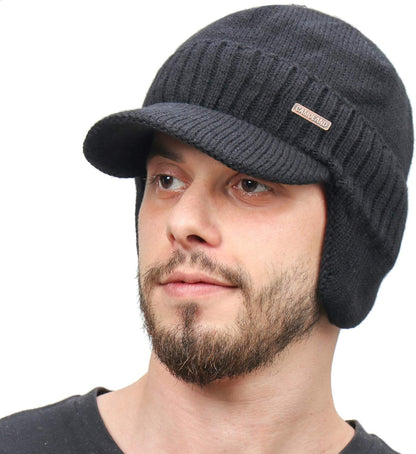 Winter Beanie w/Visor & Earflaps for Men Outdoor Fleece Hat Scarf Set