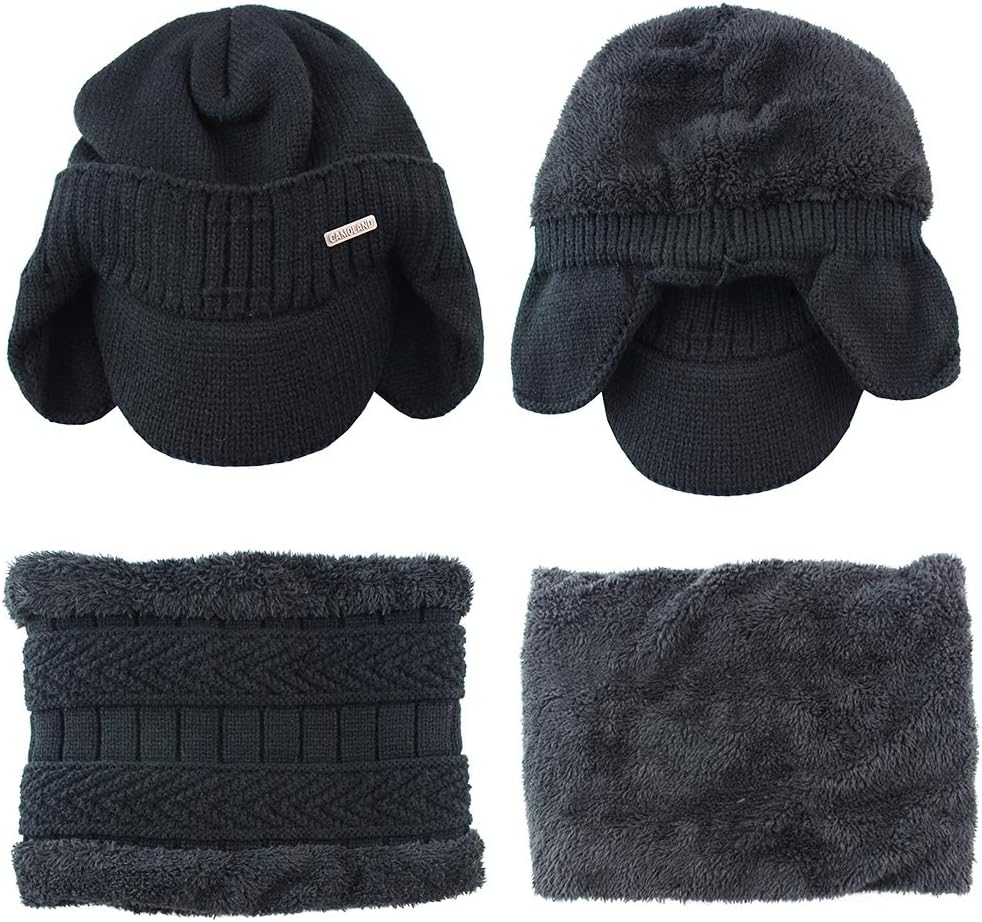 Winter Beanie w/Visor & Earflaps for Men Outdoor Fleece Hat Scarf Set