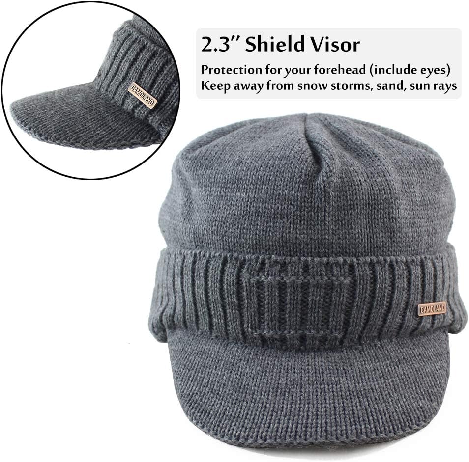 Winter Beanie w/Visor & Earflaps for Men Outdoor Fleece Hat Scarf Set