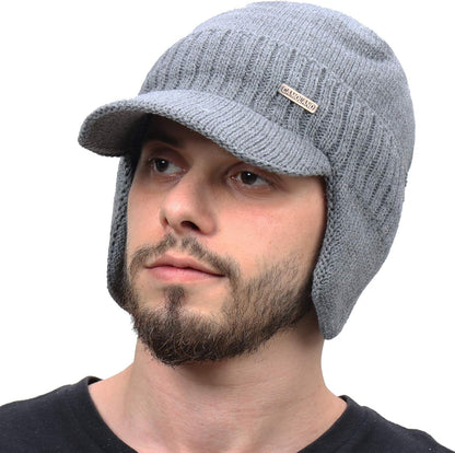 Winter Beanie w/Visor & Earflaps for Men Outdoor Fleece Hat Scarf Set