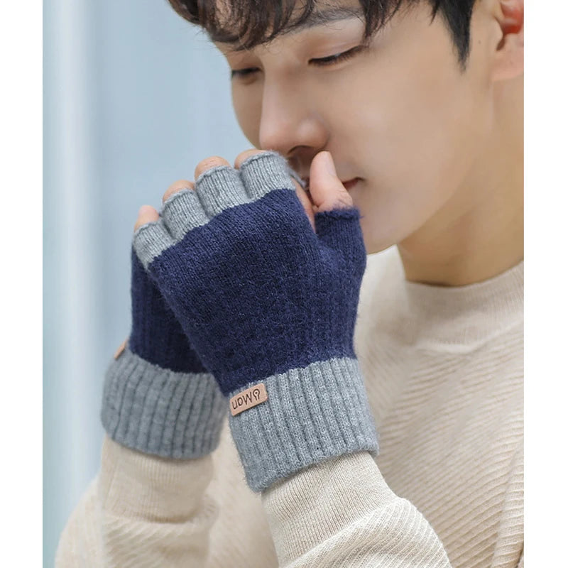 Men Winter Fingerless Half Finger Knitted Gloves Office Knitted Warm Exposed Finger Thick Gloves Elastic Driving Gloves