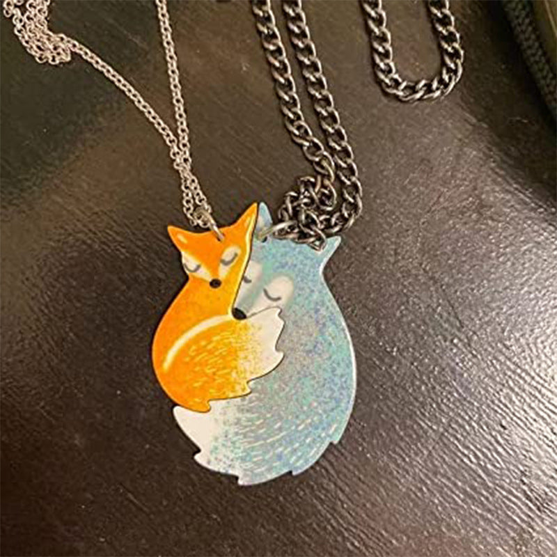 Hand-painted Fox and Wolf Couple Hug Necklace