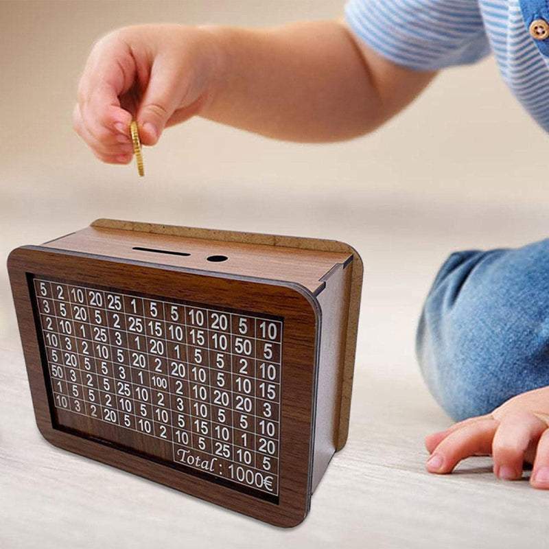 Wooden piggy bank with counter