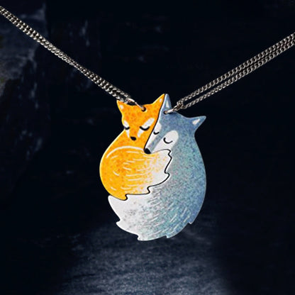 Hand-painted Fox and Wolf Couple Hug Necklace