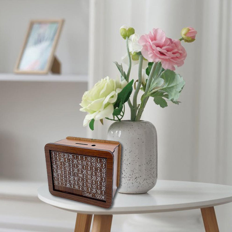 Wooden piggy bank with counter