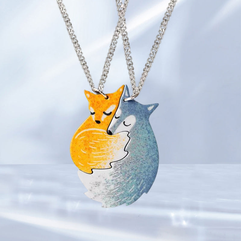 Hand-painted Fox and Wolf Couple Hug Necklace