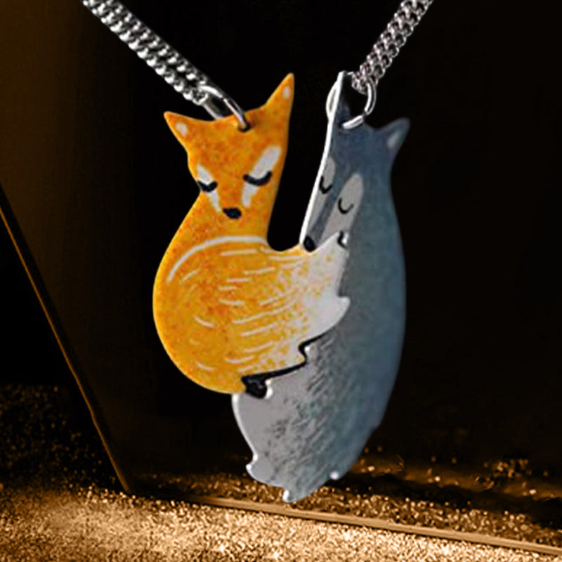 Hand-painted Fox and Wolf Couple Hug Necklace