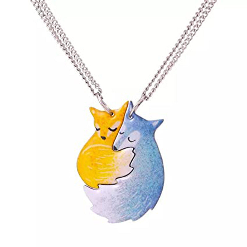 Hand-painted Fox and Wolf Couple Hug Necklace